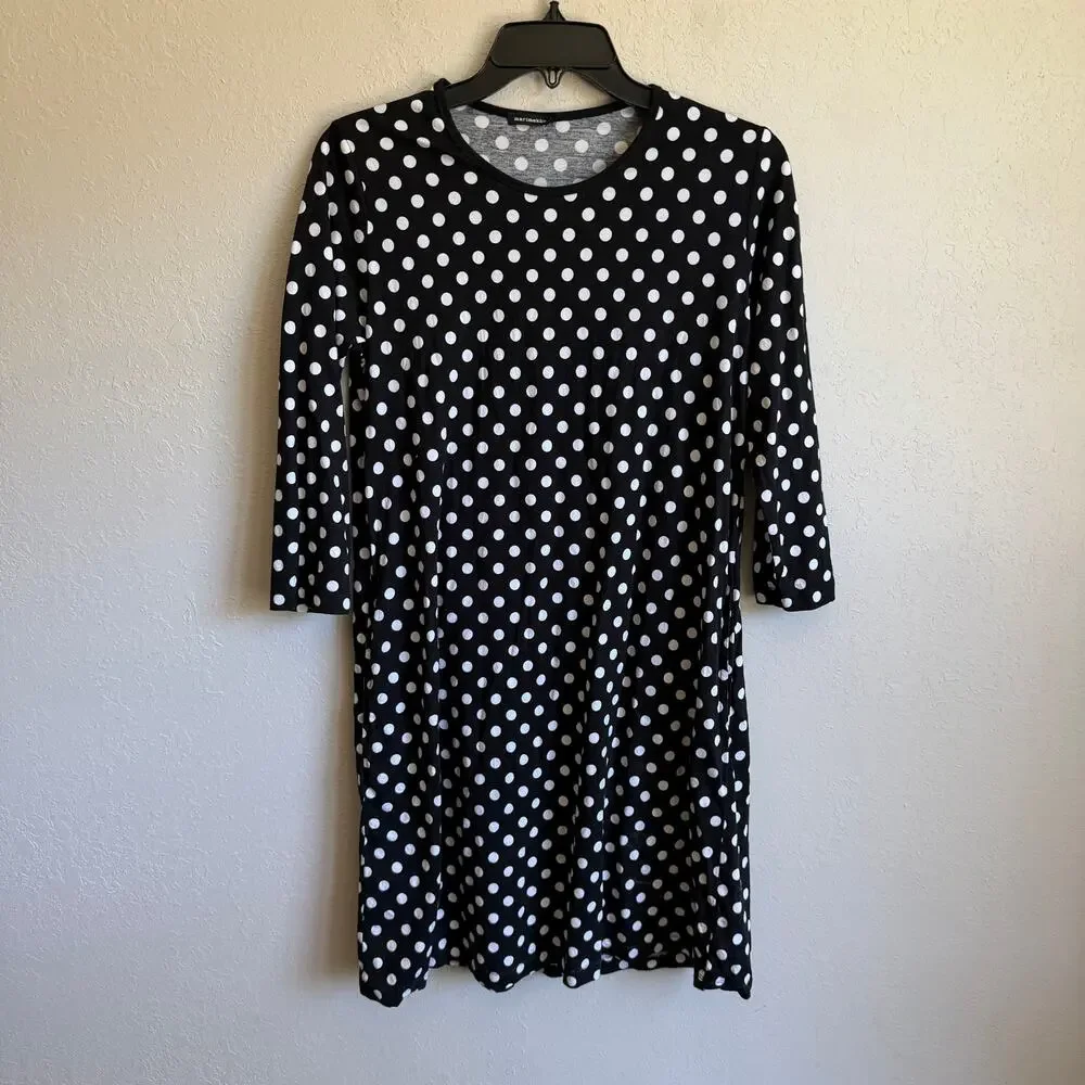 Marimekko Black White Dot Knee Length Tunic Shirt Dress 3/4 Sleeve Womens XS